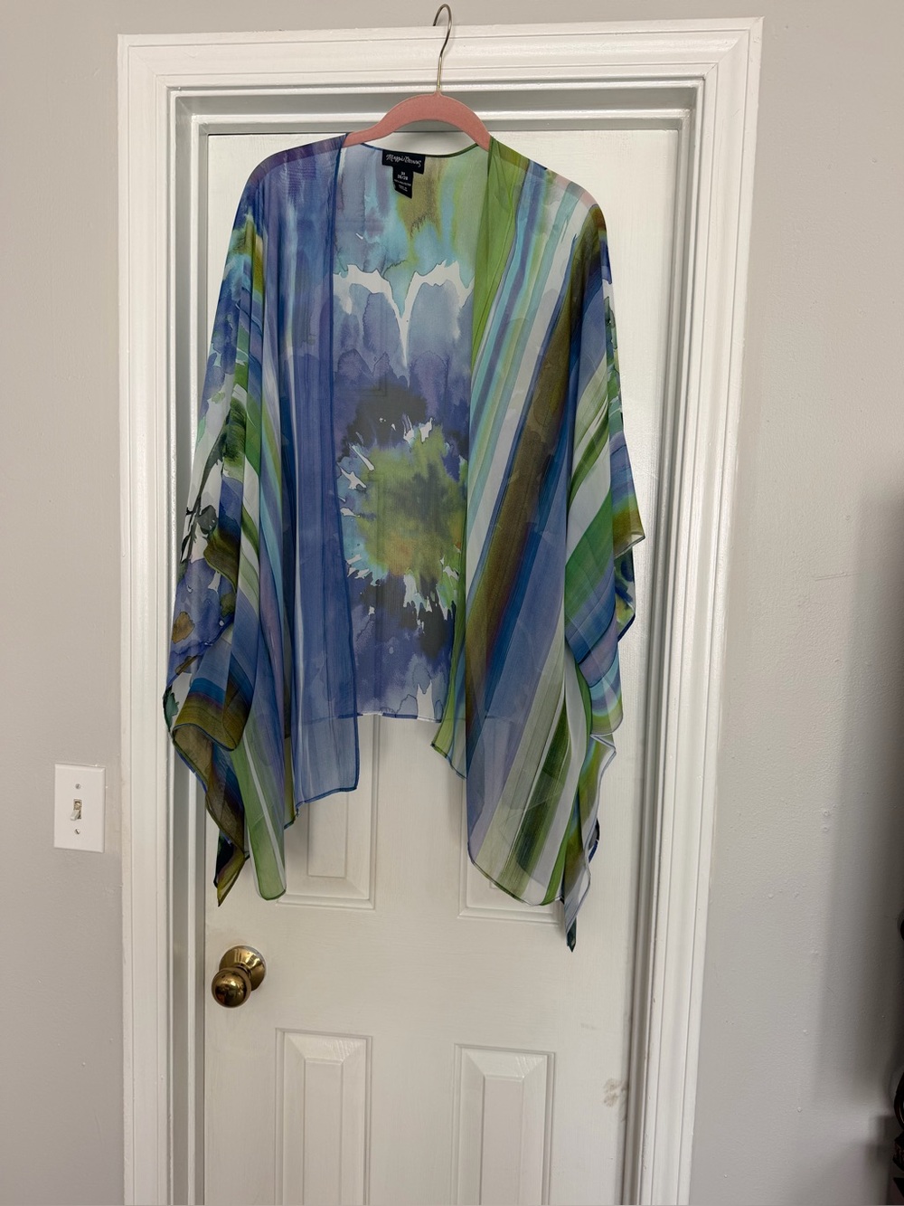 Maggie  Barnes Blue and Green Sheer Floral-Stripe Kimono Top